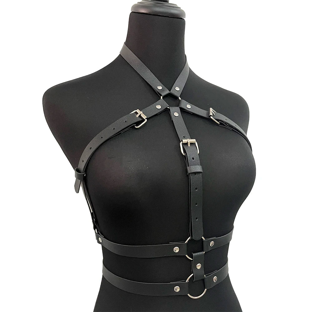Women Fashion Belt PU Leather Body Shoulder Armor Chest Harness Sword Belt Shoulder Strap Harness Women Clothing Open Cage Bra