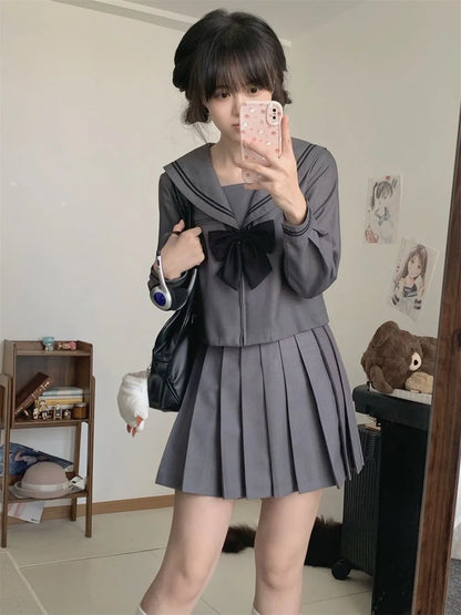 Basic Grey Sailor Suit Set, School Uniform, Preppy Style, Short-sleeved, Long-sleeved, and Short-skirted.