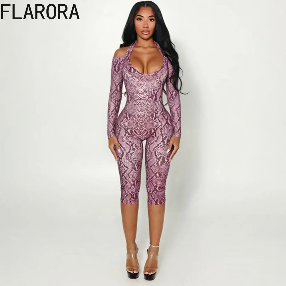 FLARORA Sexy Serpentine Print Jumpsuits Woman Halter Off-shoulder Full Sleeve Skinny Peach Hip Playsuits Hottie Party Clubwear