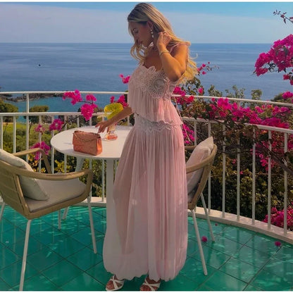 Floral Lace Embroidered Sheer Sling 2 Pcs Set Spaghetti Strap Crop Top High Waist Lantern Pants 2026 Summer Beach Women Outfits