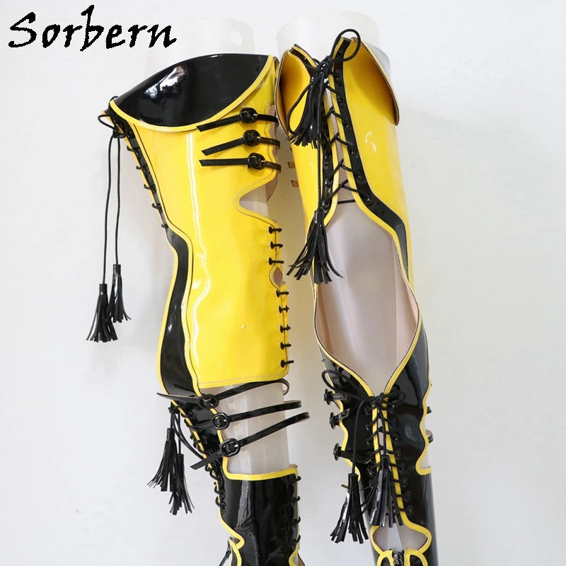 Sorbern Sexy Yellow Black Boots Women Over The Knee Lace Up Back Contrast Colors Pointed Toe Stilettos High Heels Custom Legs