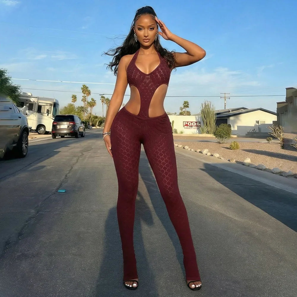 FLARORA Sexy Hollow See Through Jumpsuits Woman Trend Halter V Neck Sleeveless Backless Bandage Jumpsuit Hottie Street Overalls