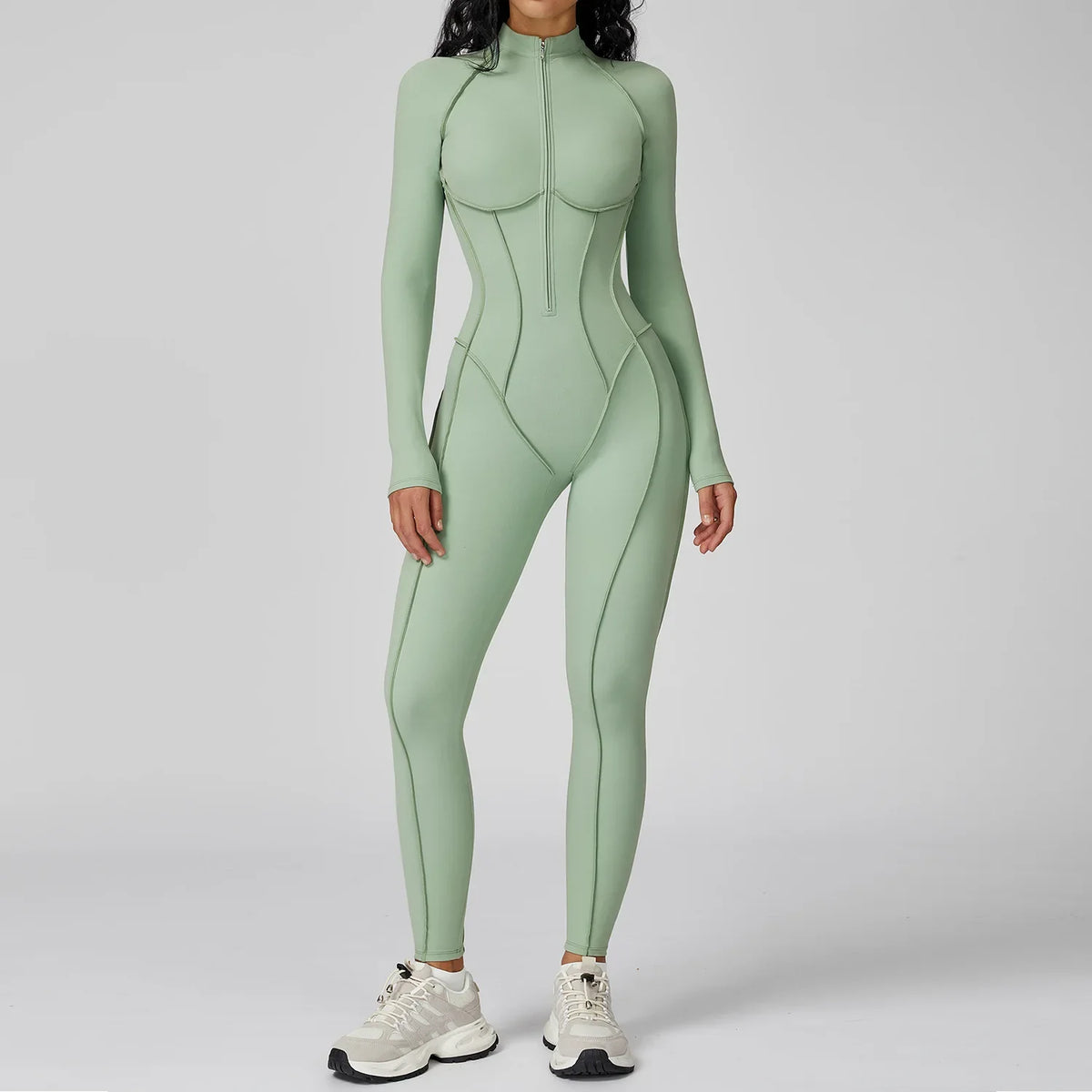 Women Yoga Bodysuit Long Sleeved Tracksuits Gym Zipper Jumpsuits Sports One Piece Workout Bodycon Jumpsuits Tights Suit