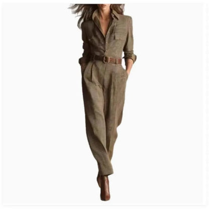 Womens Retro Plaid Jumpsuit Fashion Lapel Collar Button Pocket Long Workwear Jumpsuit AutumnCasual Office Jumpsuits