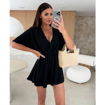 Women's Playsuits Summer 2026 Beach V Neck Short Sleeve Women's Jumpsuits Shorts Loose Casual Simple Vacation Women's Rompers