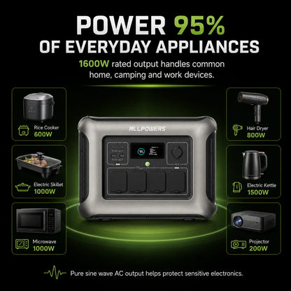 Portable Power Station 1600W 1056Wh LiFePO4 Battery Solar Generator Outdoor Camping Power Supply UPS Backup Energy Storage
