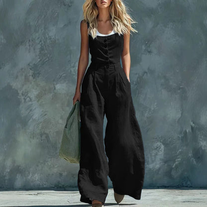 MsChuh Women's Jumpsuits And Rompers High Waist Pleated Waist Sleeveless Solid Color Romper Black Loose Fit Wide Roupas Feminina