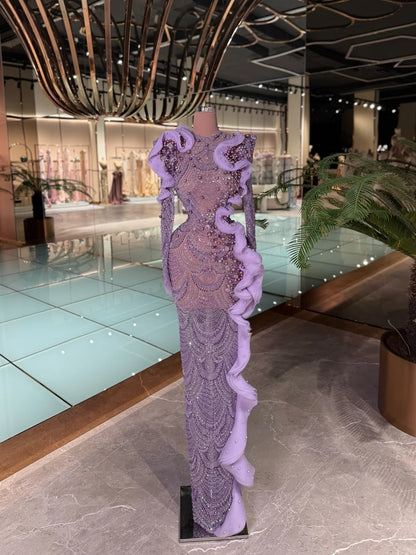 Exquisite Lavender Beaded Evening Gown Dreamy Sheer Neckline Ruffled Pearl Trim Formal Party Dress Wedding Guests فساتين سهرة
