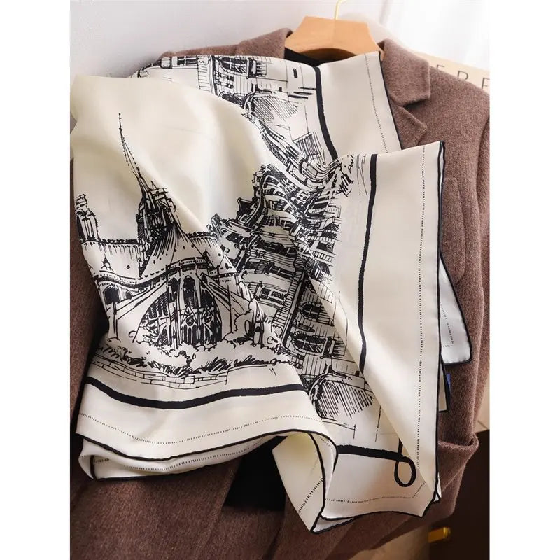 Black White View Print Twill Silk Scarf 90x90cm Women Fashion Square Neck Scarf Satin Kerchief Head Wrap Bandana Bag Decoration