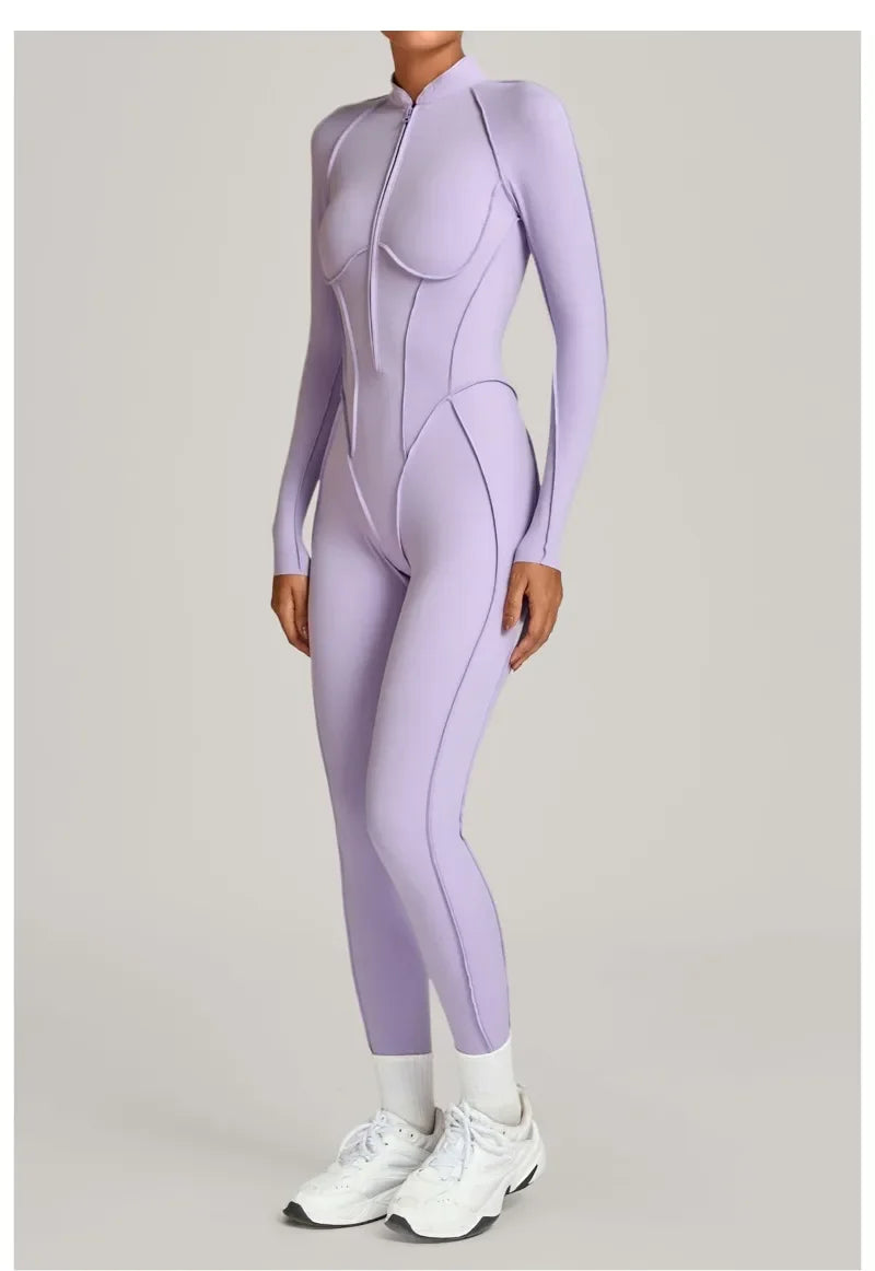 Women's Winter Yoga Jumpsuits Sports Fitness Hip-Lifting Slimming One-piece Zipper Long-Sleeved Outdoor Gym Workout Bodysuits
