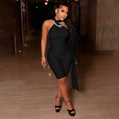 Sexy Backless Ruched Halter Neck Tie Solid Slim Fit Capris Jumpsuit Women Fashion Overalls Playsuits Beach Vacation Clubwear