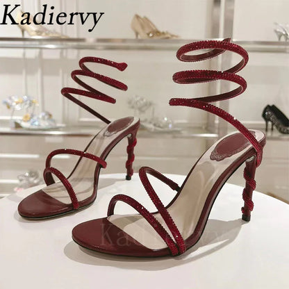 Luxury High Heels Sandals Woman Rhinestone Snake Twine Around Ankle Strap Wedding Shoes Stiletto Summer Gladiator Sandals Women