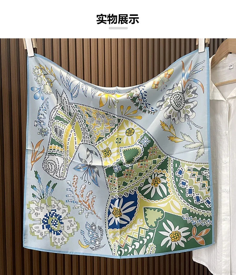 Green Boho Horse Square Scarf 70cm Ethnic Floral Satin Bandana Women Neck Handbag Wrap Elegant Silk Feel Daily Fashion Accessory