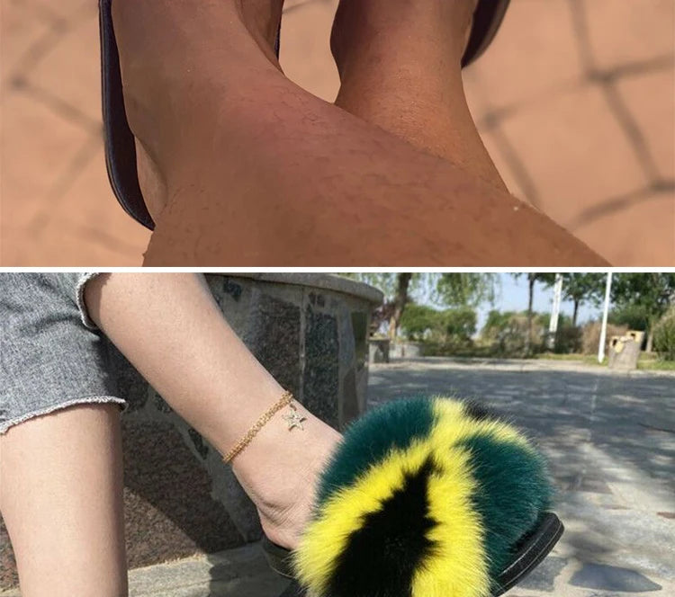 Natural Fox Fur Slippers, Fashionable Outdoor Multi-Color Animal Hair Slippers, Women's Gifts, Soft EVA Sole Slippers, On Trend