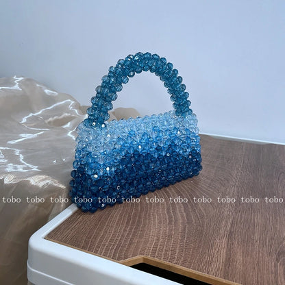 Gradient Blue Beaded Own Design Tote Bags for Women Customized Color Fashion Handbags for 2022 Chain Handle Clutch Evening Bag