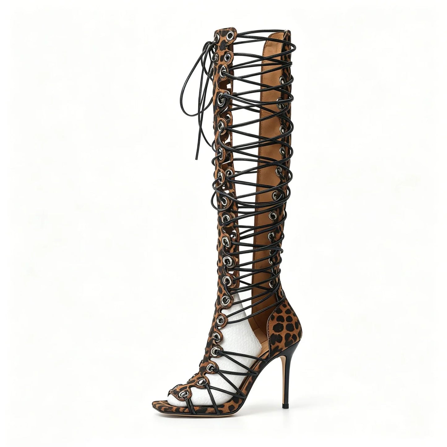 Lace-up Over The Knee Gladiator Sandals Women Fashion White Strappy Square Toe High Heels Sandals Sexy Bold Party Street Style