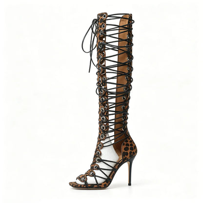 Lace-up Over The Knee Gladiator Sandals Women Fashion White Strappy Square Toe High Heels Sandals Sexy Bold Party Street Style