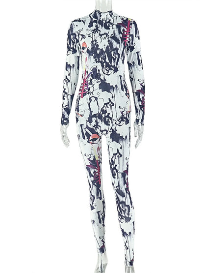 Weird Puss Sexy Colorful print Jumpsuit Women Wild Trend Full Sleeve O-Neck Stretch Skinny Midnight High Street Party Clubwear