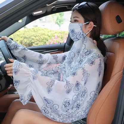 Cycling Sun Protection Shawl Driving Ice Silk Neck Face Cover Scarf Cooling Outdoor Cover Up Breathable Long Flared Sleeve Cape