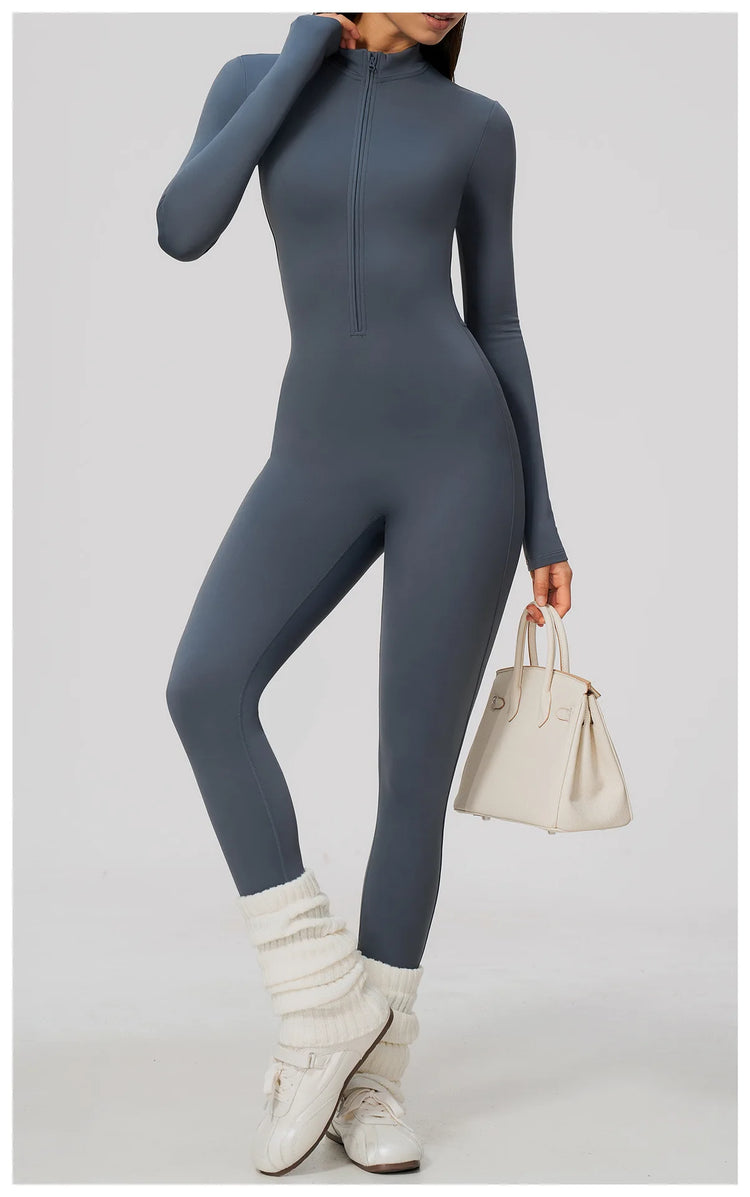 Winter Half Zip Yoga Bodysuit Women Long Sleeved Fitness Jumpsuit Sportswear Gym Clothes One-piece Running Workout Wear Rompers