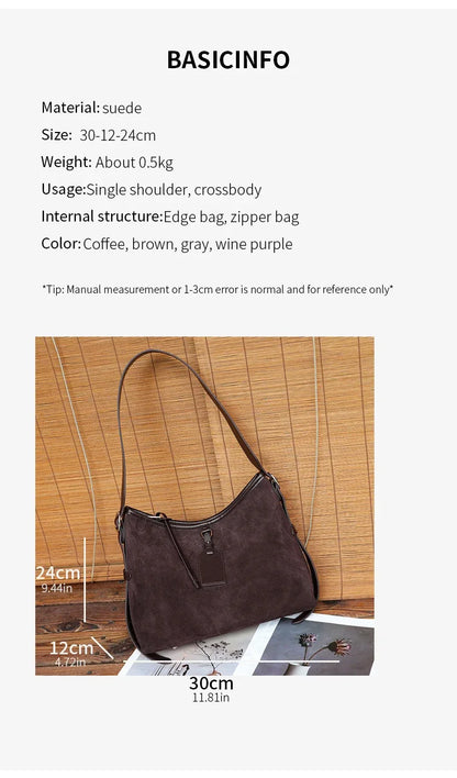 Winter Women's Natural Suede Leather Classic Underarm Bag Female Soft Cowhide Durable Handbags Ladies Luxury Designer Bags