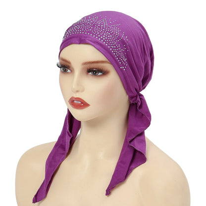Fashion Muslim Headscarf Hat for Women Thin Summer Inner Hijab Caps Solid Color Diamond Turban Bonnet India Headwrap
