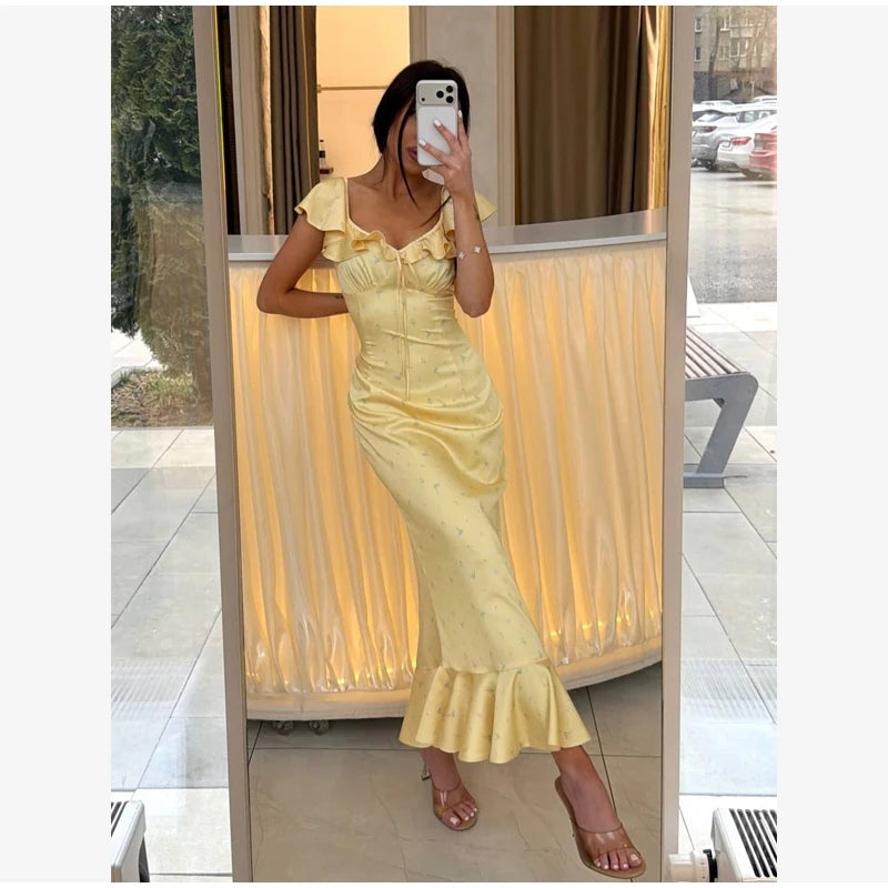 Elegant Women's Backless Yellow Lace Dresses Cross-back Design Long Slim Fit A-line Summer Dress Y2k Vacation Travel Vestido2026