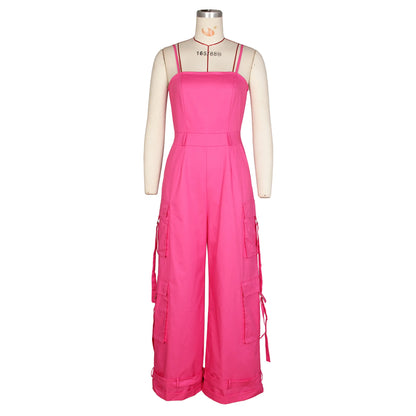 Jumpsuits Women One Piece Cargo Pant Wide Leg Long Pants Loose Casual Sling Sleeveless Overalls Y2k Strapless Solid Rompers