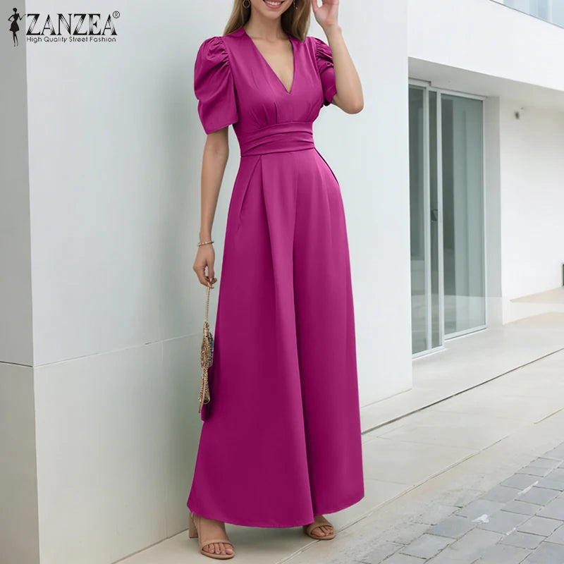 ZANZEA Elegant Office Jumpsuits Women Overalls 2025 Fashion Casual Loose Short Sleeve Playsuits Solid Color Wide Leg Jumpsuits