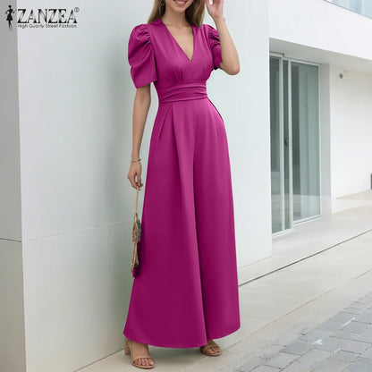 ZANZEA Elegant Office Jumpsuits Women Overalls 2025 Fashion Casual Loose Short Sleeve Playsuits Solid Color Wide Leg Jumpsuits