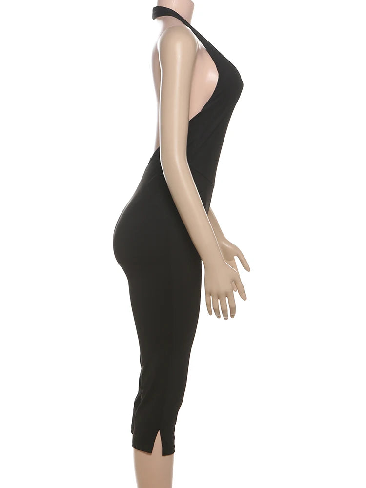 BKQU Casual Simple Halter Playsuits Women Solid Low-Neck Backless Stretch Skinny One Piece Rompers Yogo Sporty Classic Overalls