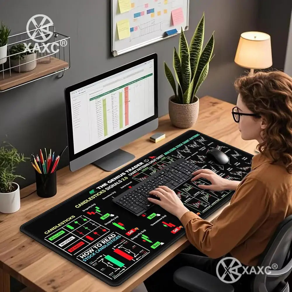 EXCO Stock Market Mouse Pad Large Trader Chart Candlestick Pattern Keyboard Investor Desk Mat Stitched Edge Rubber Base XAXC