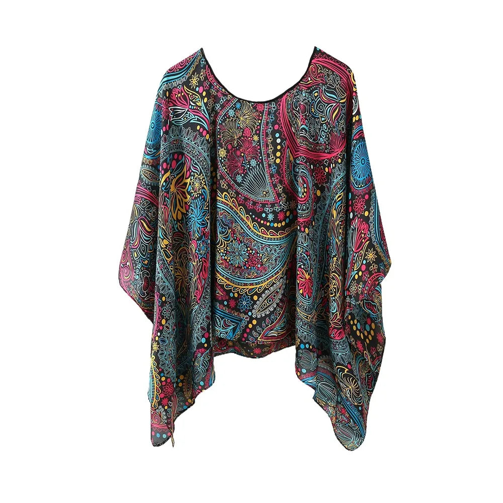 Shawls Summer Beach Sexy Women Fashion Print Chiffon Smock Bikini Cover Up Loose Blouse Sunscreen Comfortable Poncho
