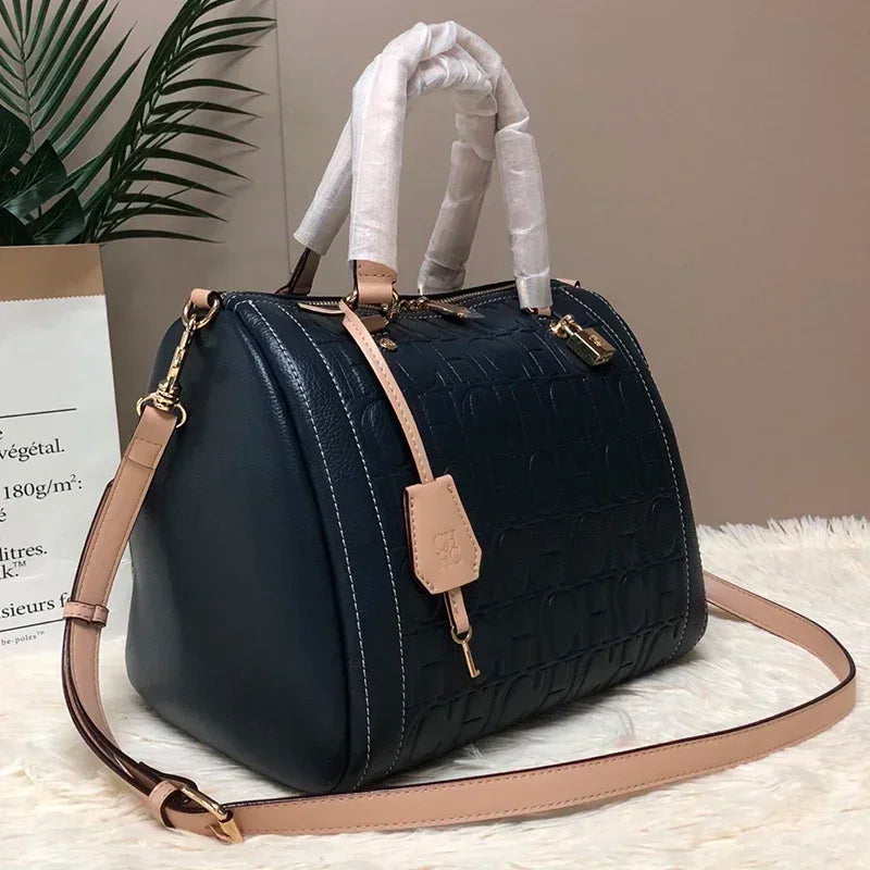 CH Carolina Herrera Boston Bag Women Leather Embossed Logo Shoulder Bag Luxury Travel Handbag Large Capacity