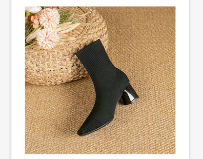 Black Square Toe Knit Sock Boots Elastic Slim Thick Block Heel High Heels Short Boots Fashion Autumn Casual Skinny Ankle Boots