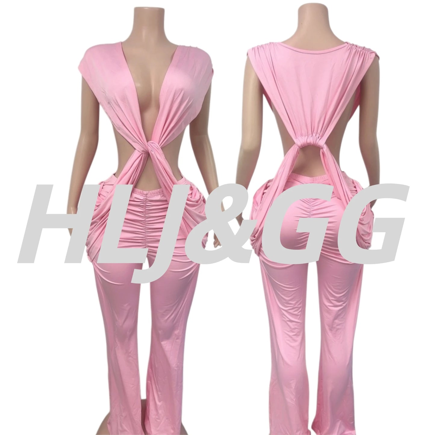 HLJ Sexy Solid Color Bodycon Jumpsuits Women Halter Deep V Neck High Waist Ruched Flare Rompers Party Club Streetwear Overalls