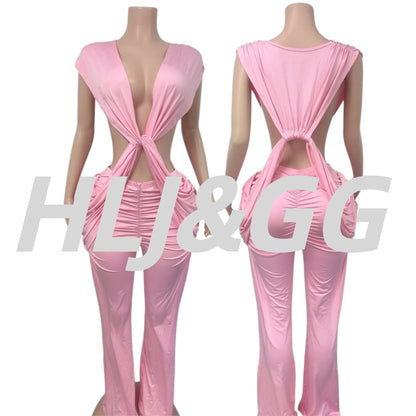 HLJ Sexy Solid Color Bodycon Jumpsuits Women Halter Deep V Neck High Waist Ruched Flare Rompers Party Club Streetwear Overalls