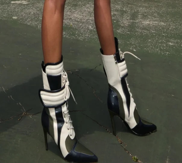 Cool Punk Mixed Colors Leather Motorcycle Boots Pointed Toe Lace up Sexy White Short Boots Women's High Heels Luxury Designer