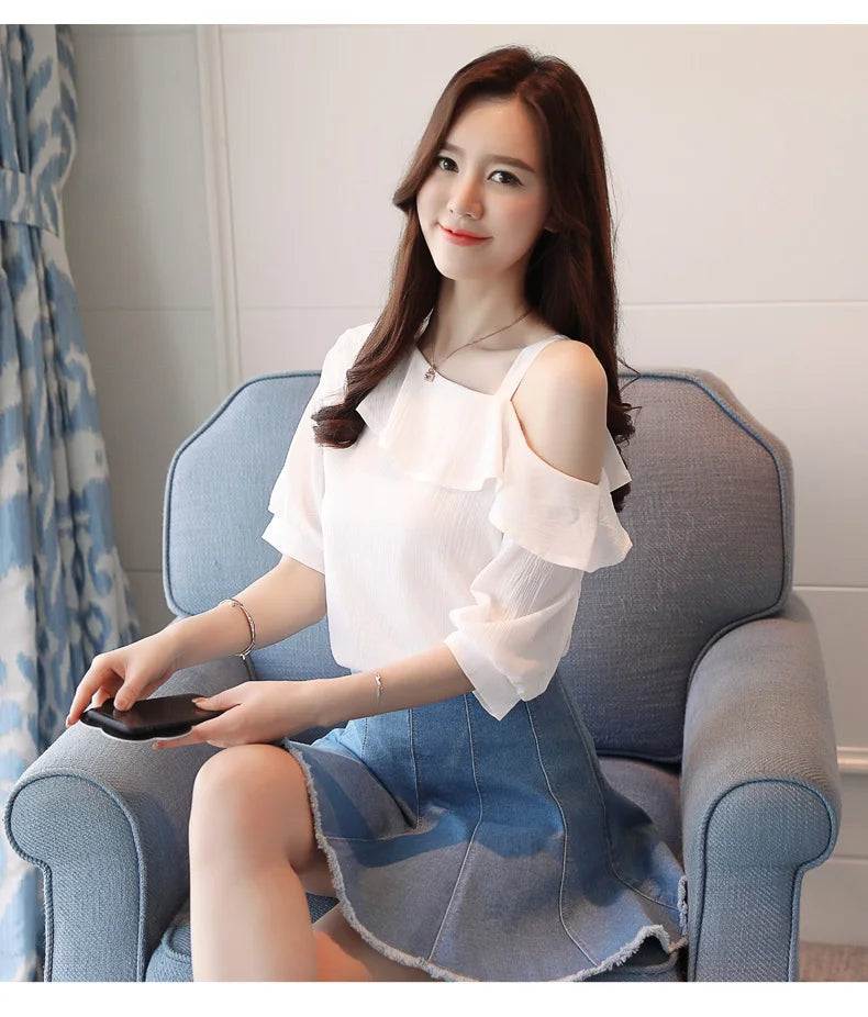Women's Shirt Tops One-Shoulder Ruffles Short-sleeved Chiffon Blouse