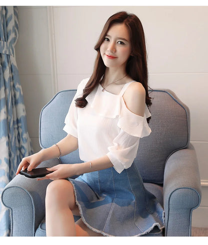 Women's Shirt Tops One-Shoulder Ruffles Short-sleeved Chiffon Blouse