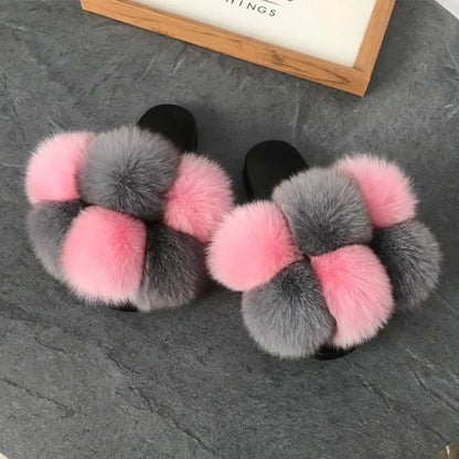 Natural Fox Fur Slippers, Fashionable Outdoor Multi-Color Animal Hair Slippers, Women's Gifts, Soft EVA Sole Slippers, On Trend