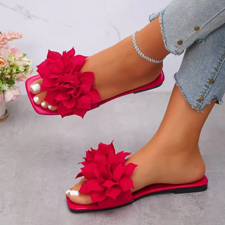 Women Flat Slippers 2026 Summer New Solid Color Sandals Flowers Open Toes Slippers Casual Fashionable Beach Shoes Slides Women