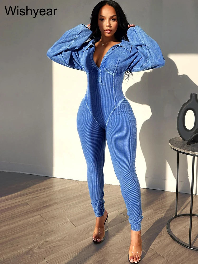 Elegant Autumn Pink Jumpsuits for Women Street Long Sleeve Lapel Bodycon Sexy Sporty Rompers Casual Skinny One Pieces Overall