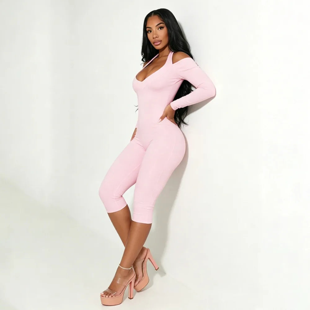 FLARORA Sexy Serpentine Print Jumpsuits Woman Halter Off-shoulder Full Sleeve Skinny Peach Hip Playsuits Hottie Party Clubwear