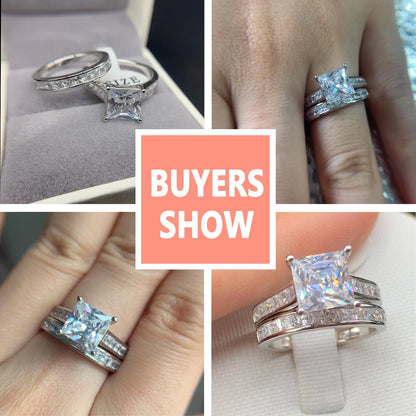 Newshe 2 Pcs GRA Certified Moissanite Princess Cut Wedding Rings Set for Women 925 Sterling Silver Engagement Ring Jewelry