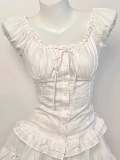 Deeptown Elegant Sweet White Blouses Women Sexy Square Collar Bow Crop Tops Vintage French Style Short Sleeve Ruffle Shirts