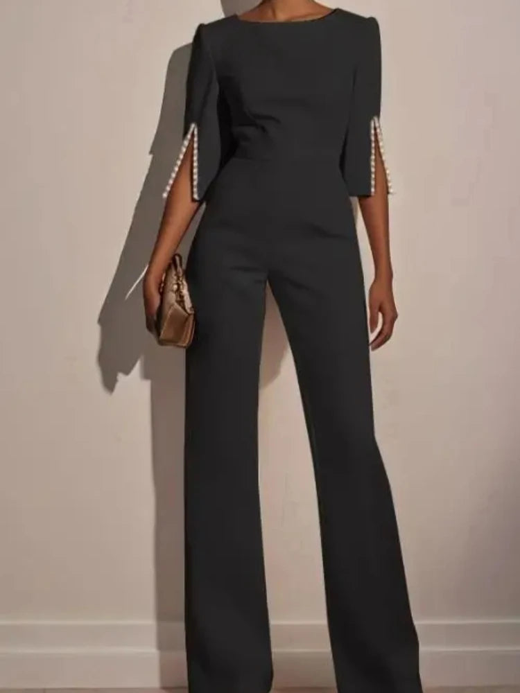 Fashion Hot Selling Spring Summer Solid High Waist Beaded Decor Jumpsuit for Women's Clothing Female Elegant Long Jumpsuits
