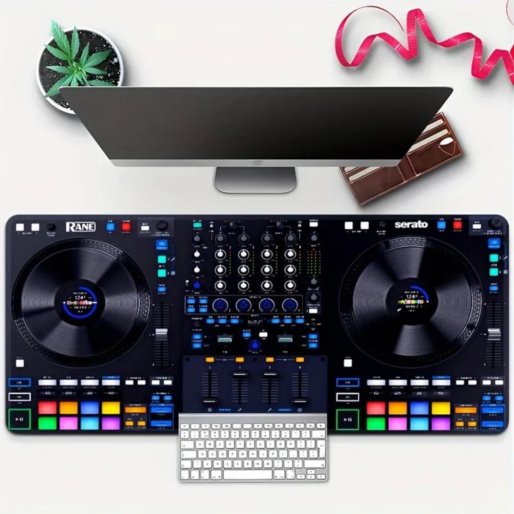 A large mouse pad with a blue DJ table design, in a rectangular shape desk accessories desk organizers and trays tapis de souris
