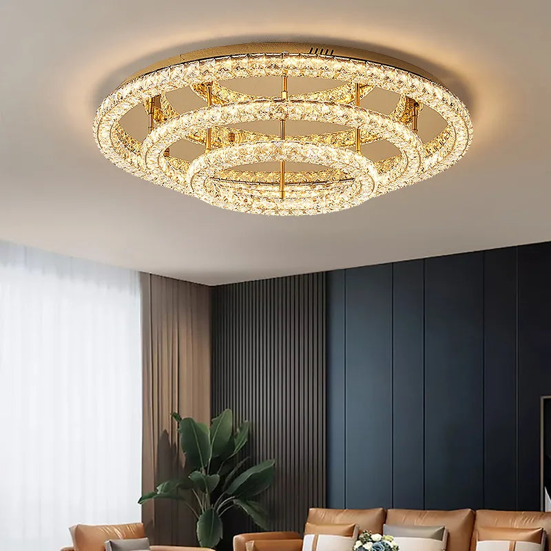 Modern Luxury Led Dimmable Chandelier Foyer Crystal Ceiling Lights Lustre Indoor Light Lamparas Round Steel Led Luminarias