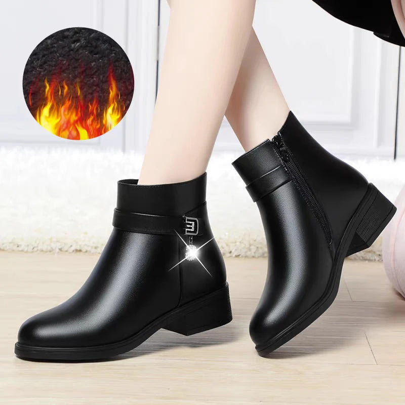 High-Heeled Leather Shoes Spring Single Shoes Thick Heel Thick Sole Slip-On Women's Shoes Square Toe Middle-Aged Mother's Shoes